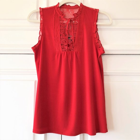 Vivid Red Lace Bib-Front Flowy & Drapey Blouse XS - Picture 3 of 16